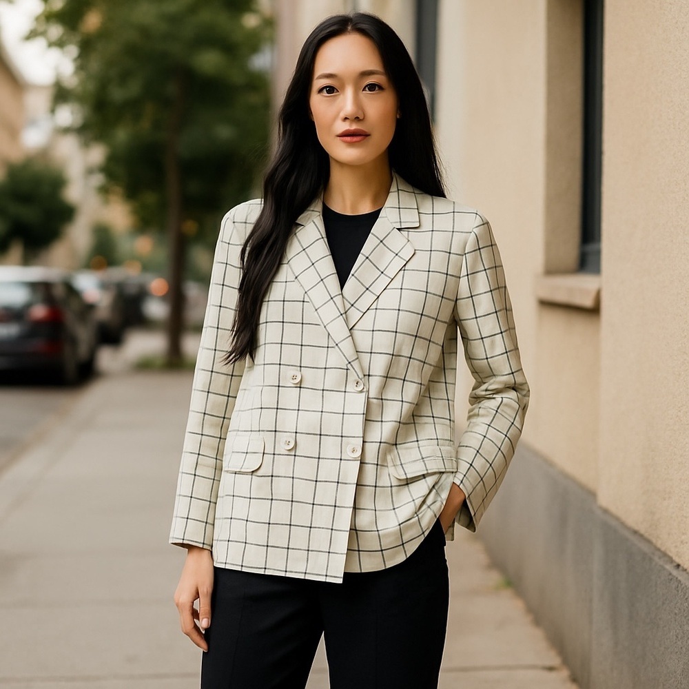 Monkl Women's Oversized Double Breasted‎ Blazer Plaid Green Size L